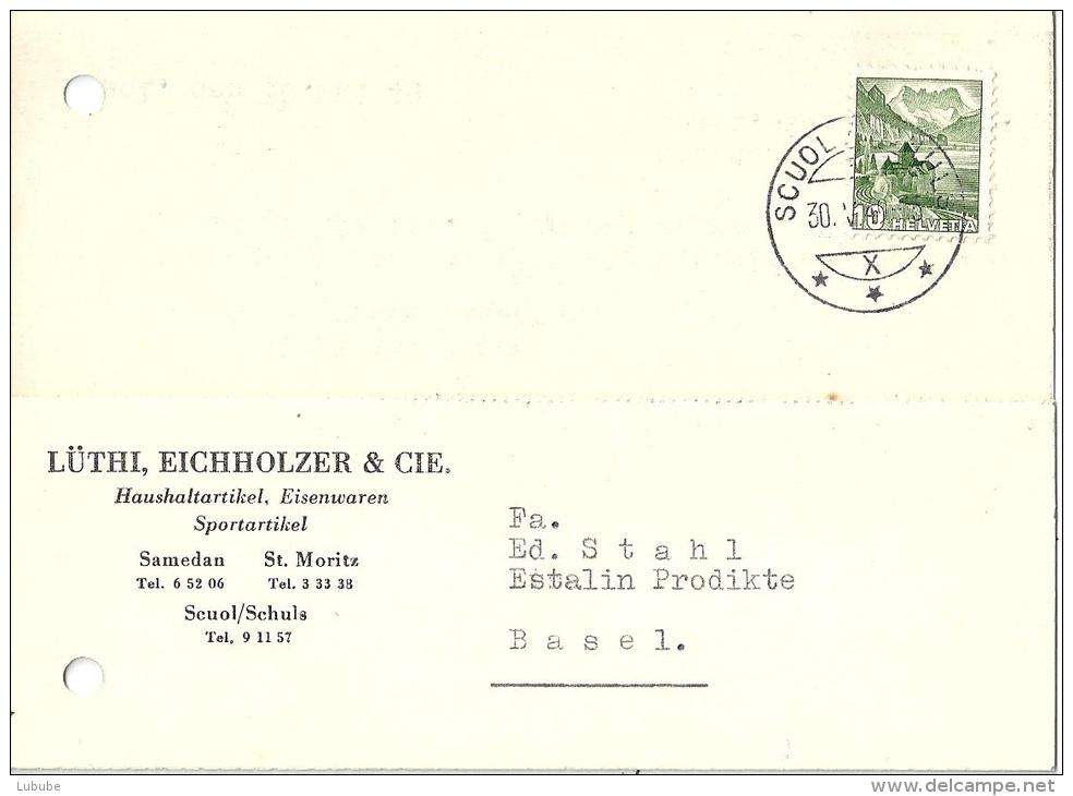 Motiv Karte  "Lüthi, Eichholzer, Haushaltartikel, Scuol/Schuls"              1949 - Storia Postale