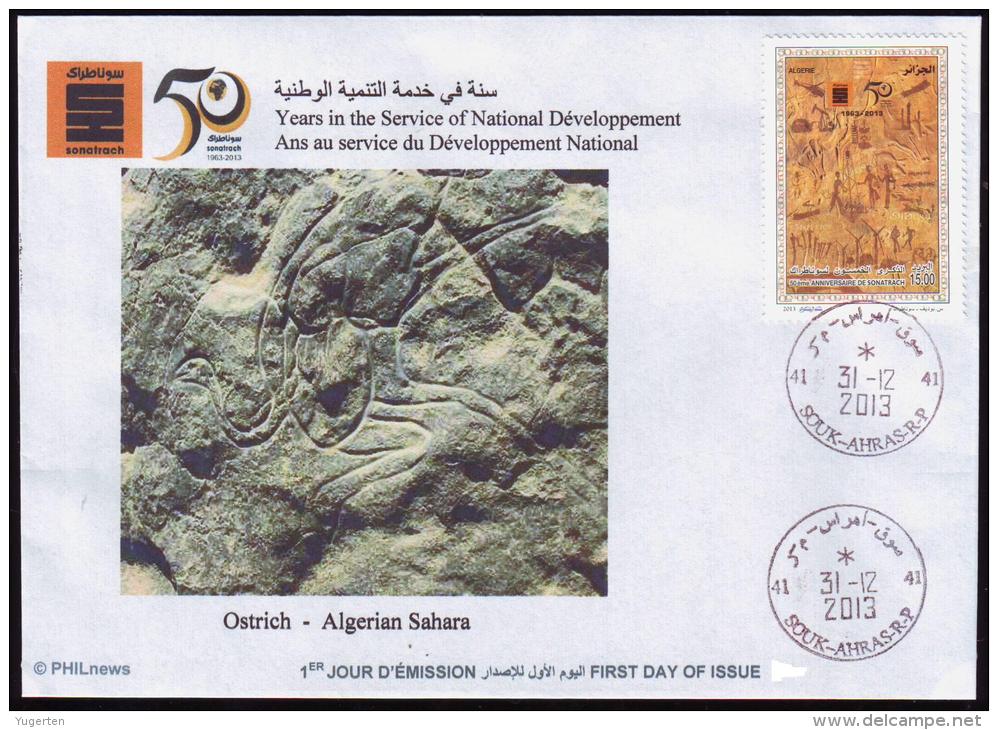 ALGERIE ALGERIA 2013 - FDC - Prehistory Rupestry - Tassili Rock Carvings Autruche Ostrish Strauß Avestruz - Autruches