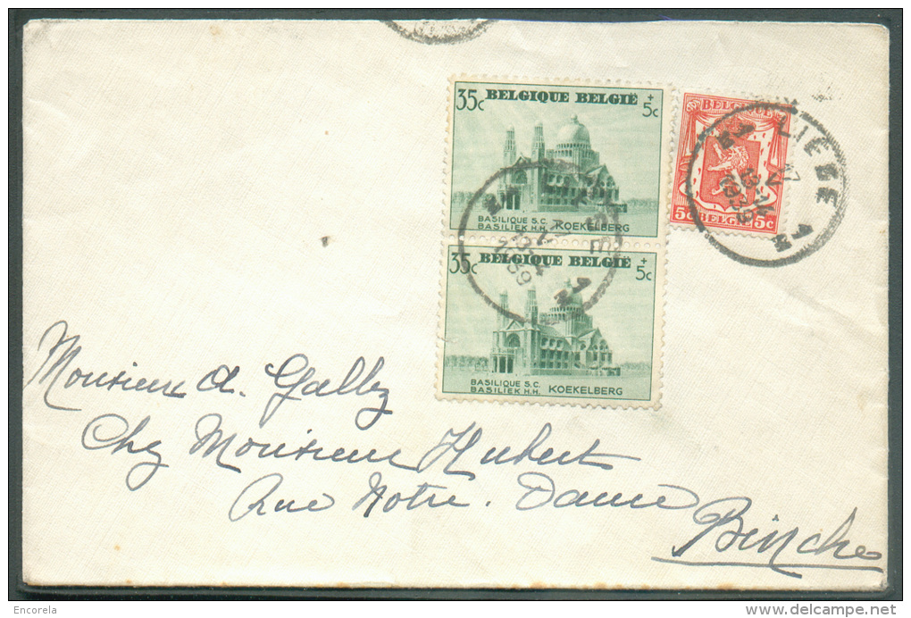 Lettre Affranchie 35c. (Basilique De KOEKELBERG) X2 + 5 Centimes Petit Lion Obl; Sc LIEGE 1 Sur Lettre Du 17-V-1939 Vers - Briefe U. Dokumente