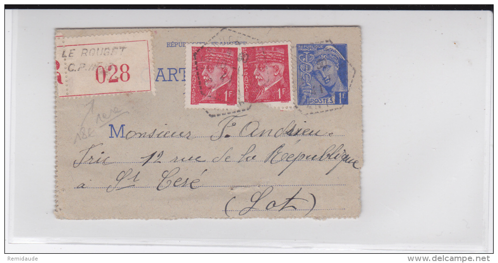 1941 - CARTE-LETTRE ENTIER RECOMMANDEE TYPE MERCURE + COMPLEMENT PETAIN RARE AVEC CIRCUIT POSTAL De LE ROUGET (CANTAL) - Cartes-lettres