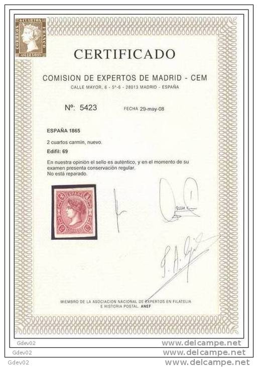 ES069-2692TCCSC.España.Spa In.Espagne.ISABEL Ll 1865.(Ed 69*)con Charnela.CERTIFICADO.LUJO - Otros & Sin Clasificación