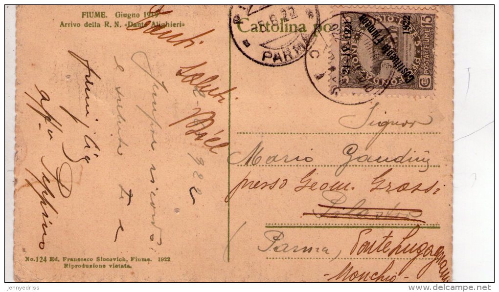 FIUME  , Croazia , Giugno 1919  , Nave  Dante Alighieri , Francobollo  Posta Di Fiume    * - Croazia