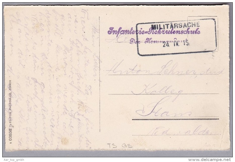 Schweiz Heimat Feldpost Militärsache 1915-04-24 Aushilfs-Stempel Auf AK - Dokumente