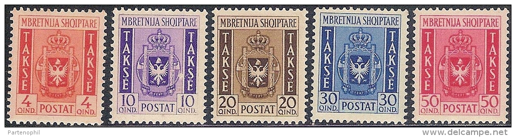 **/* 1940 ALBANIA SEGNATASSE MNH ( SASS. N.1/5 ) IL N.4 è NH Linguellato Cert. Chiavarello CAT. &euro; 1031,00 - Albania