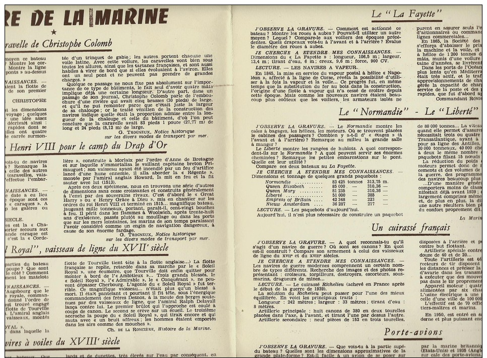 8 Sup. Gravures-1956-DOSSIER"HISTOIRE DE LA MARINE"-caravelle,NORMANDIE,LA FAYETTE,vapeur,GALION,etc. .Péda.Pratiq. N°35 - Estampes & Gravures