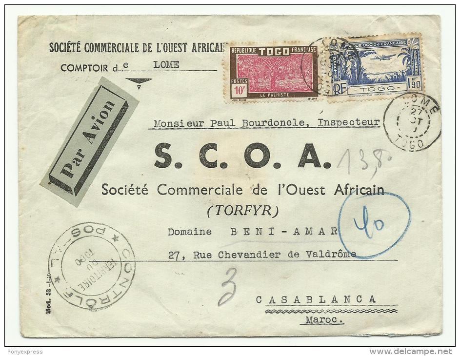 1940 Lettre Du Togo Censurée, Taxée 13F80 à Casablanca, Maroc. - Segnatasse