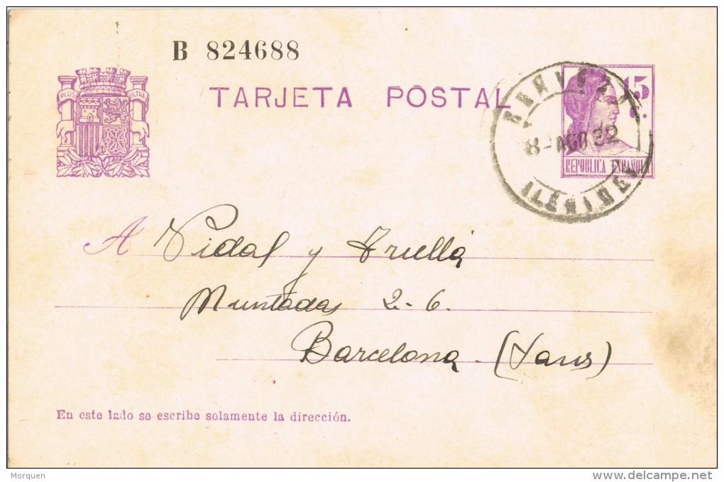 6872. Entero Postal CERVERA (Lerida) 1932. Republica, Num 69b - 1931-....