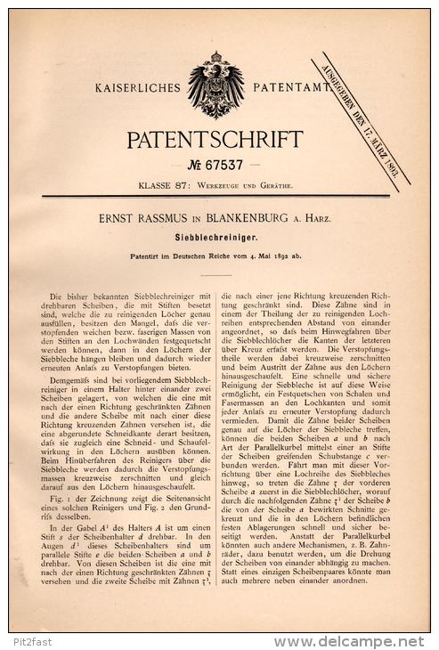 Original Patentschrift - Ernst Rassmus In Blankenburg A. Harz , 1892 , Siebblechreiniger , Metallbau , Werkzeug !!! - Historische Dokumente