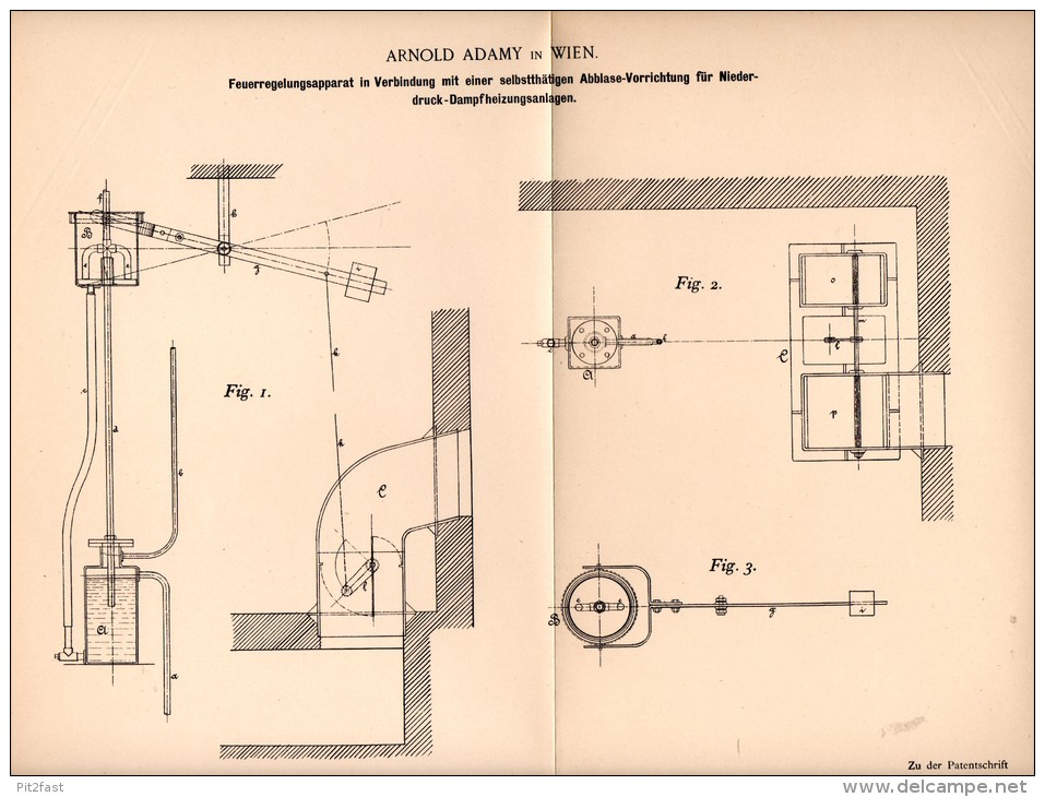 Original Patentschrift -  Arnold Adamy In Wien  , 1892 , Feuer - Regelungsapparat Für Dampfheizungsanlagen . Heizung !!! - Historische Dokumente