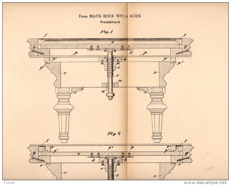 Original Patentschrift -  Firma Math. Bour In Köln , 1892 , Tischbillard , Billard !!! - Billard