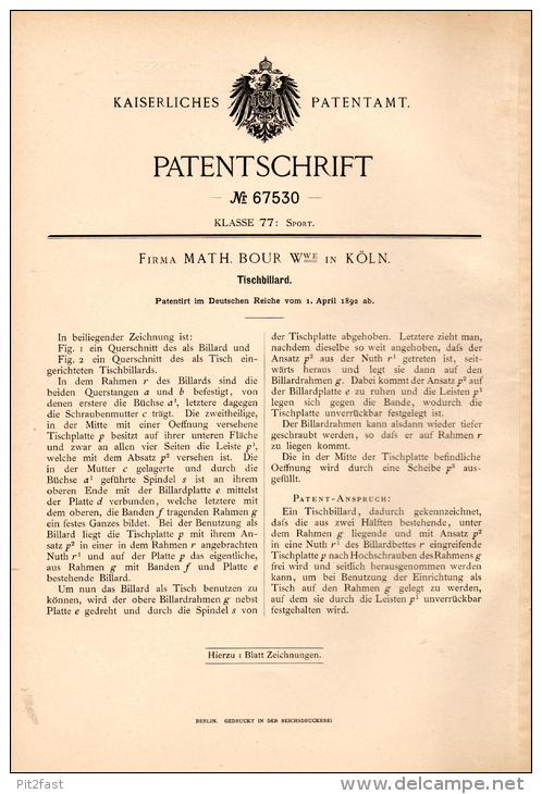 Original Patentschrift -  Firma Math. Bour In Köln , 1892 , Tischbillard , Billard !!! - Billiards