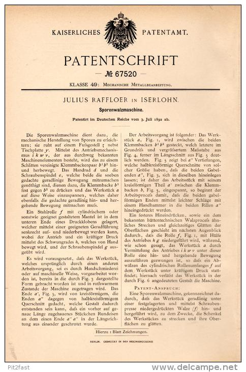 Original Patentschrift - Julius Raffloer In Iserlohn , 1892 , Sporenwalzmaschine , Metallbau , Walze !!! - Maschinen