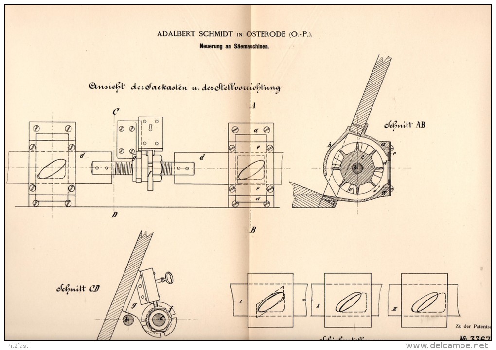 Original Patentschrift - Adalbert Schmidt In Osterode / Ostróda I. Ostpreussen , 1885 , Saatmaschine , Agrar !!! - Maschinen