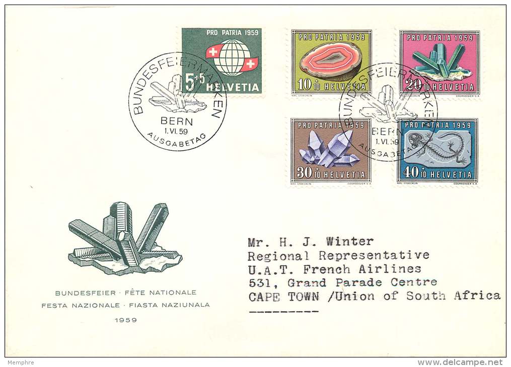 FDC Switzerland 1959 Pro Patria Complete Set Minerals  Scott B282-6   Zum 91-5  Mi 674-8 - FDC