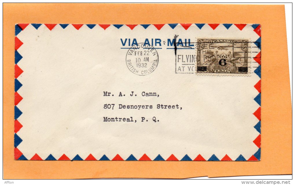 Vancouver  To Montreal 1932 Canada Air Mail Cover - First Flight Covers