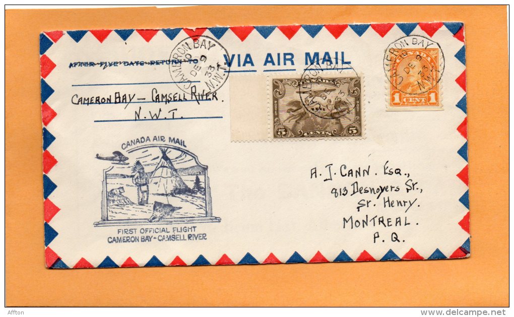 Cameron Bay To Camsell River NWT 1933 Canada Air Mail Cover - Erst- U. Sonderflugbriefe
