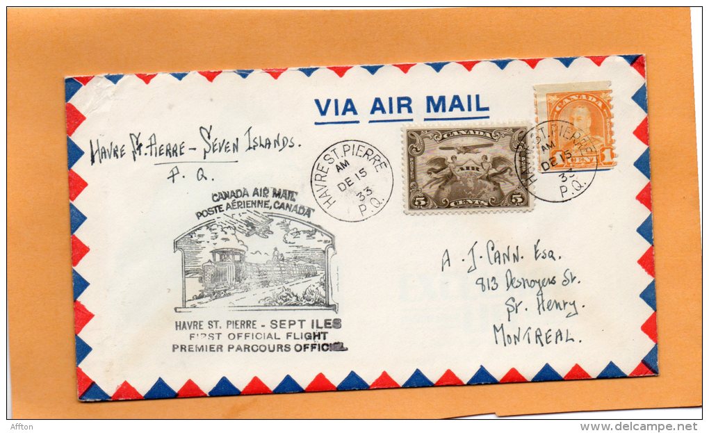 Havre St Pierre To Seven Islands PQ 1933 Canada Air Mail Cover - Premiers Vols