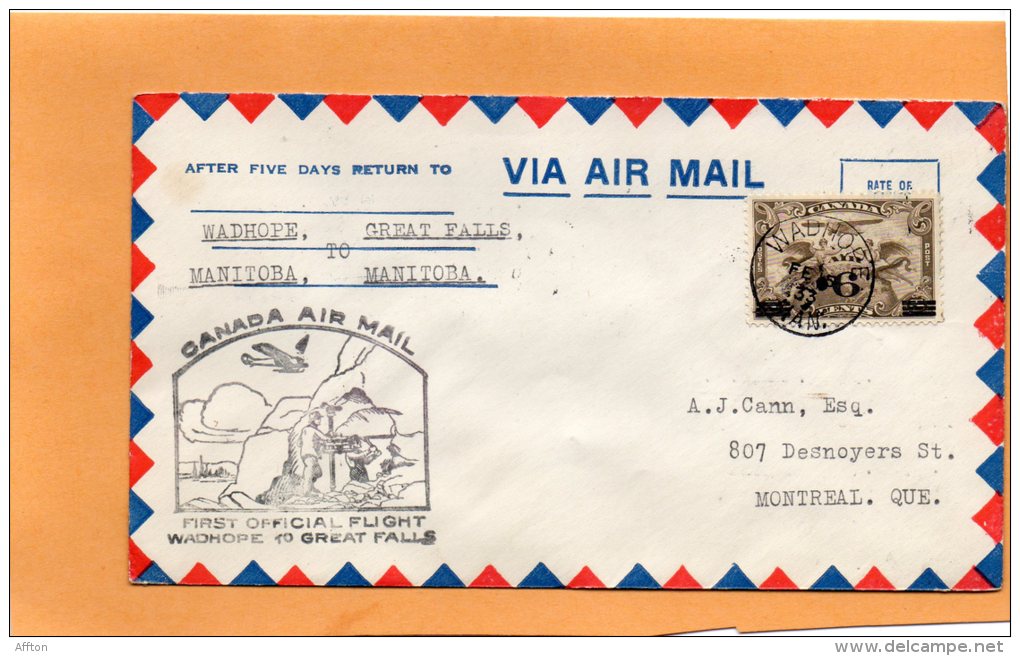 Wadhope To Great Falls 1933 Canada Air Mail Cover - Premiers Vols