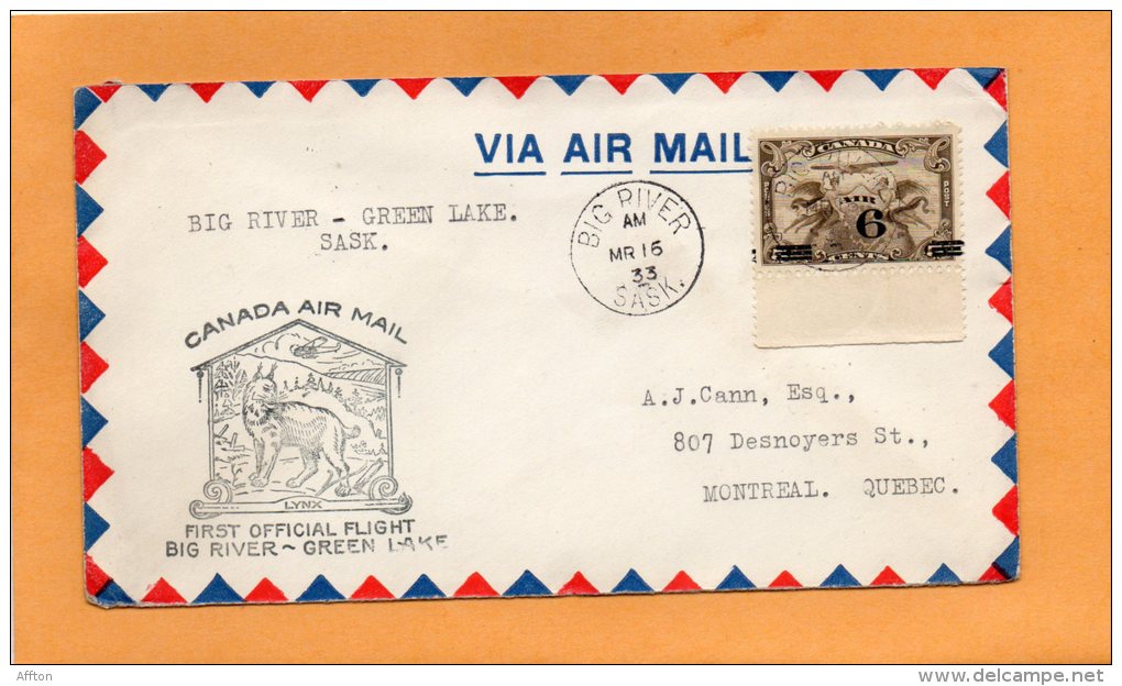 Big River To Green Lake 1933 Canada Air Mail Cover - Premiers Vols