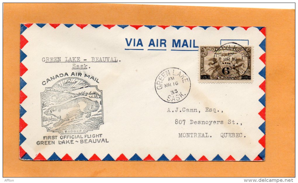 Green Lake To Beauval 1933 Canada Air Mail Cover - First Flight Covers