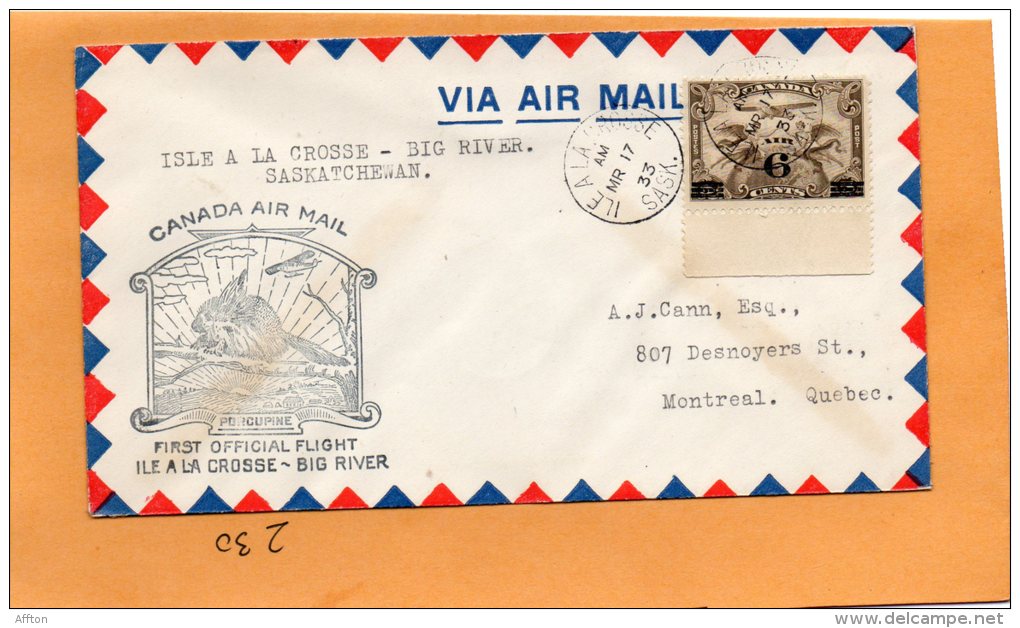 Isle A La Crosse To Big River 1933 Canada Air Mail Cover - Premiers Vols