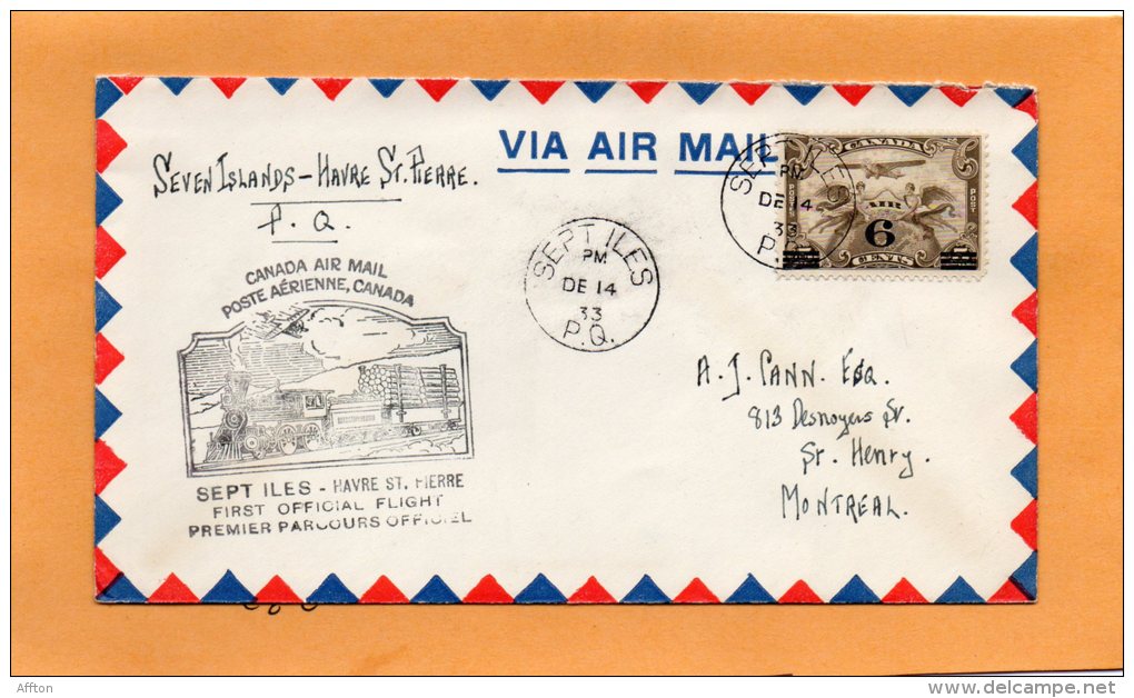 Seven Islands To Havre St Pierre 1933 Canada Air Mail Cover - Premiers Vols