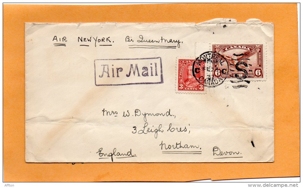 Montreal Air New York By Queen Mary To Devon UK 1937 Canada Air Mail Cover - Premiers Vols