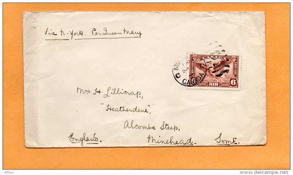 Montreal Air New York By Queen Mary To Minehead UK 1937 Canada Air Mail Cover - Premiers Vols