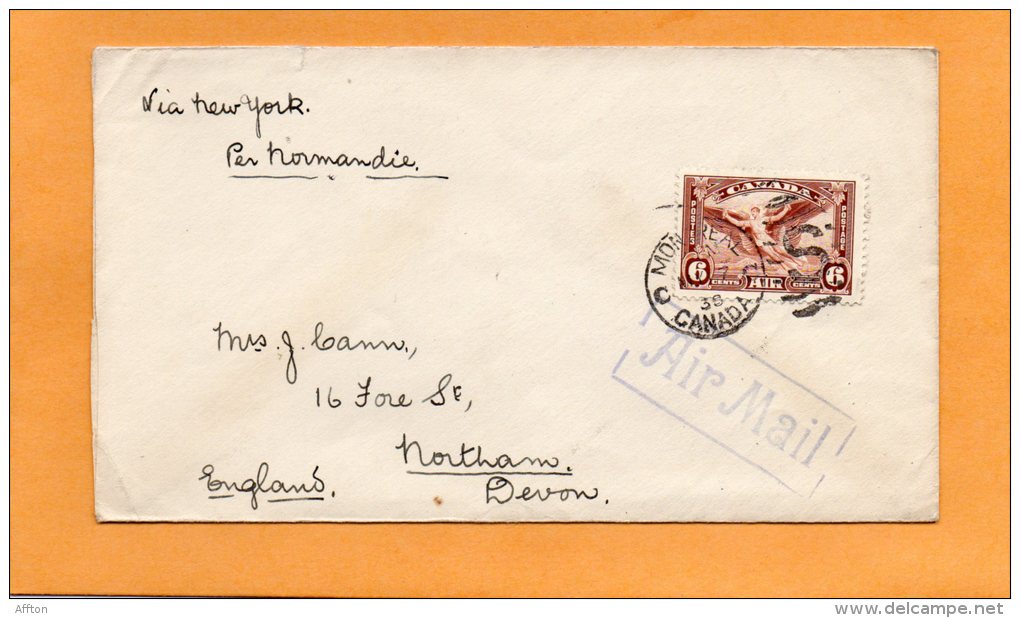 Montreal Air New York By Normandie To Northam UK 1938 Canada Air Mail Cover - Premiers Vols