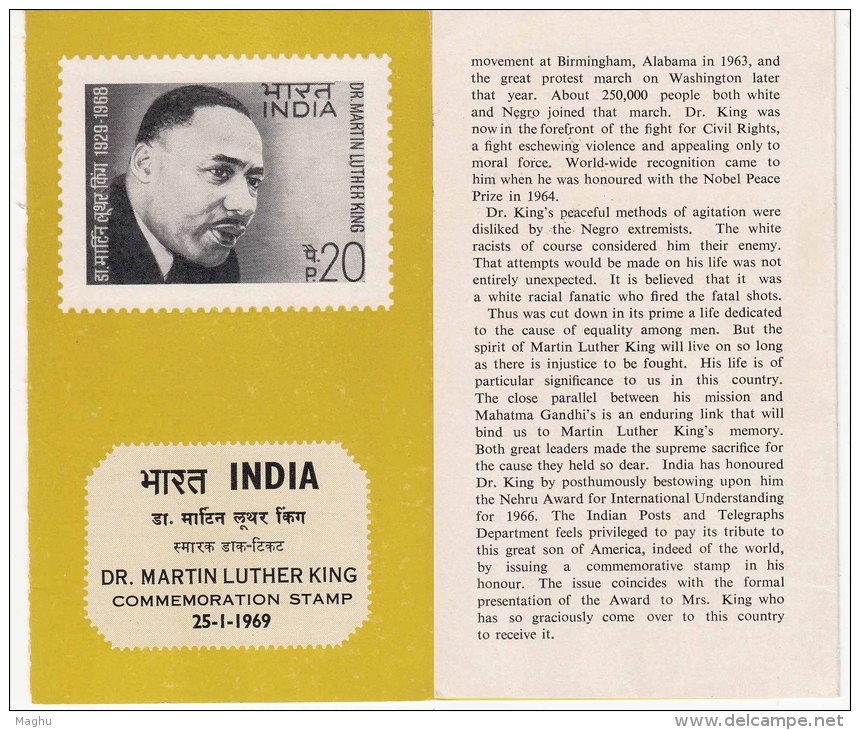 Stamped Information Sheet On Martin Luther King, Famous People, Nobel Prize, India 1969 - Martin Luther King