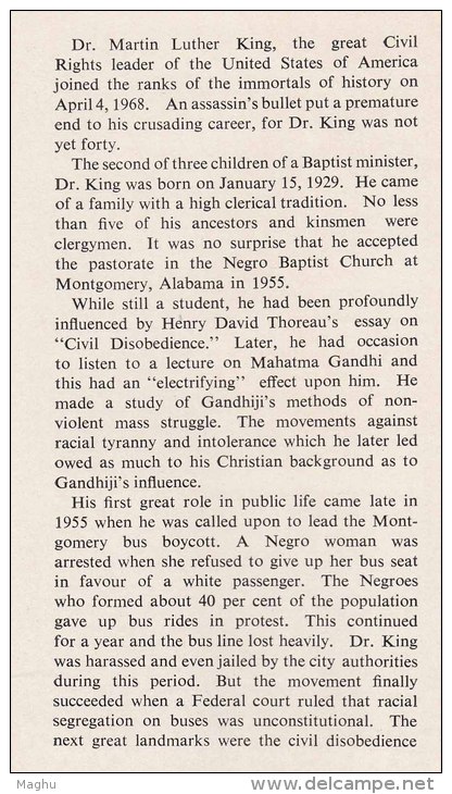 Stamped Information Sheet On Martin Luther King, Famous People, Nobel Prize, India 1969 - Martin Luther King