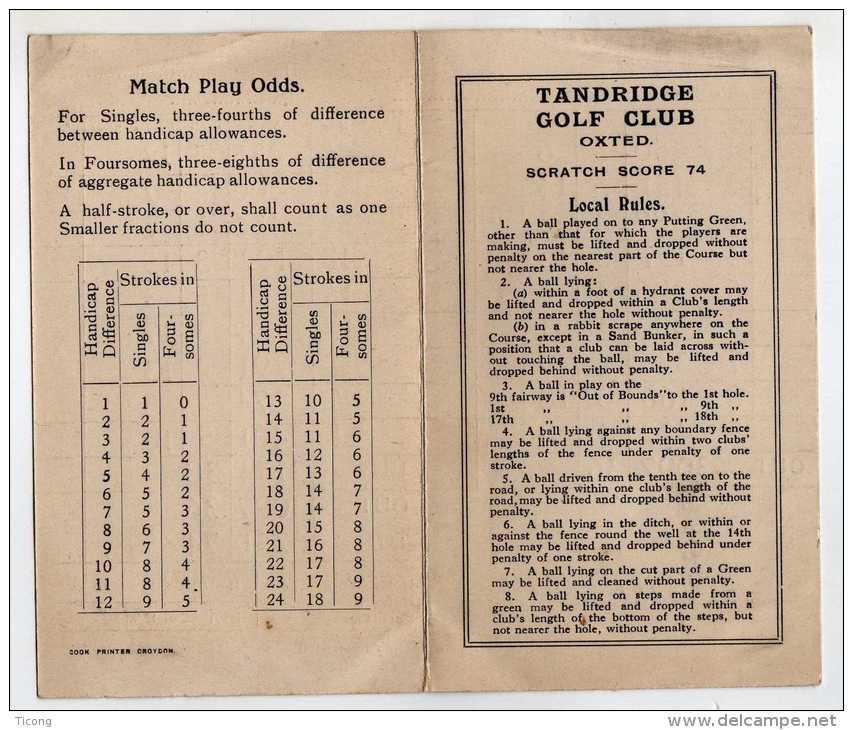 GOLF -TANDRIDGE GOLF CLUB - SURREY ANGLETERRE GRANDE BRETAGNE - CARTON DE POINTS, REGLEMENT - A VOIR - Altri & Non Classificati