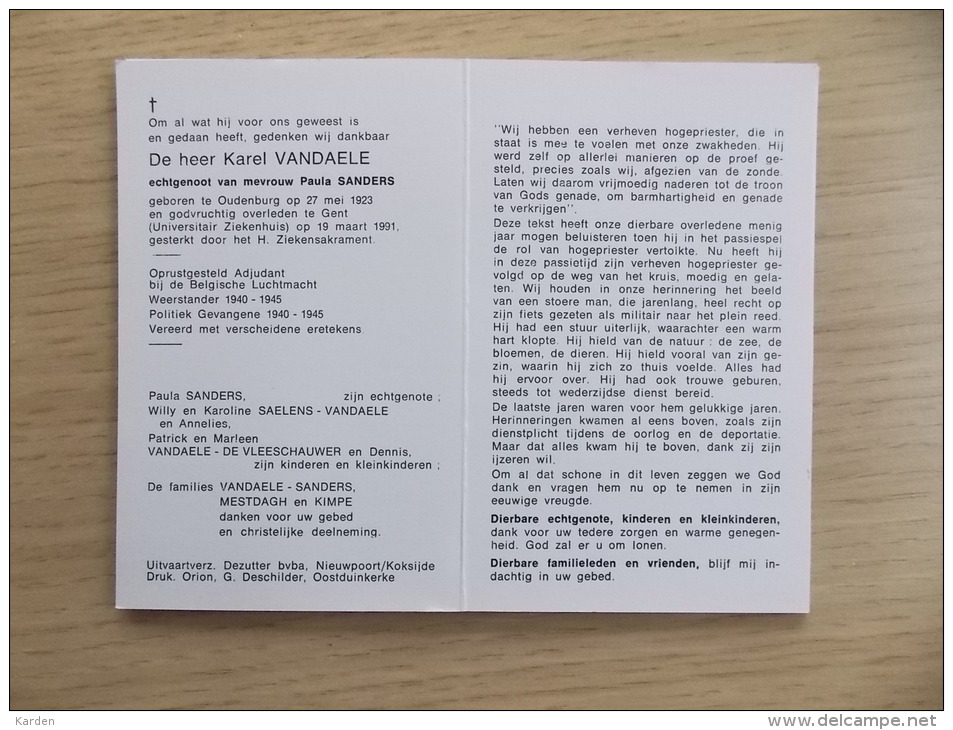 Doodsprentje Karel Vandaele Oudenburg 27/5/1923 Gent 19/3/1991 ( Paula Sanders) - Religión & Esoterismo