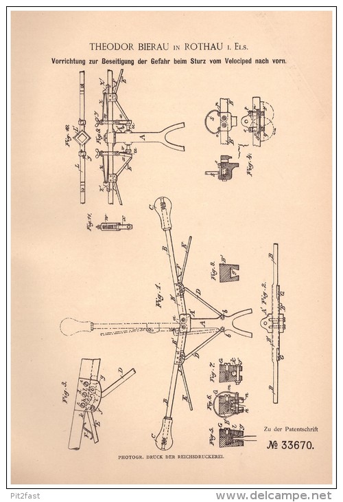 Original Patentschrift - Th. Bierau Dans Rothau I. Elsass , 1885, Protection Dans Une Chute, à Vélo , Bicycle !!! - Rothau