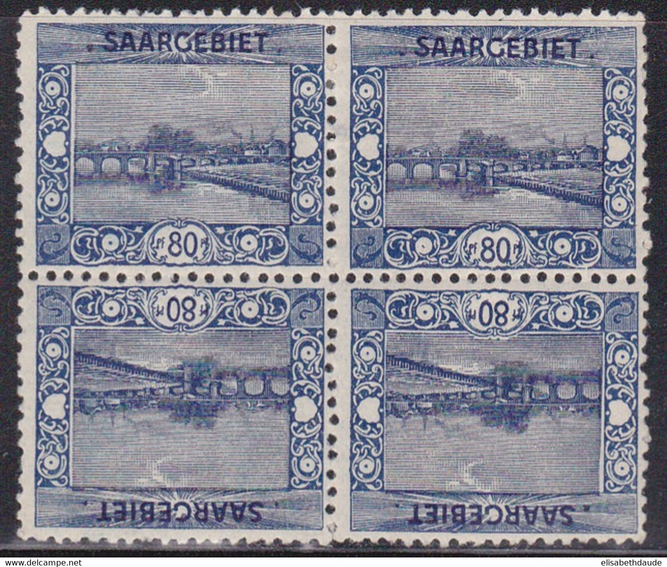 SAAR / SARRE - 1921 - YVERT N° 61a BLOC De 4 * Dont 2 TETE-BECHE - COTE = 170 + EUROS - Neufs
