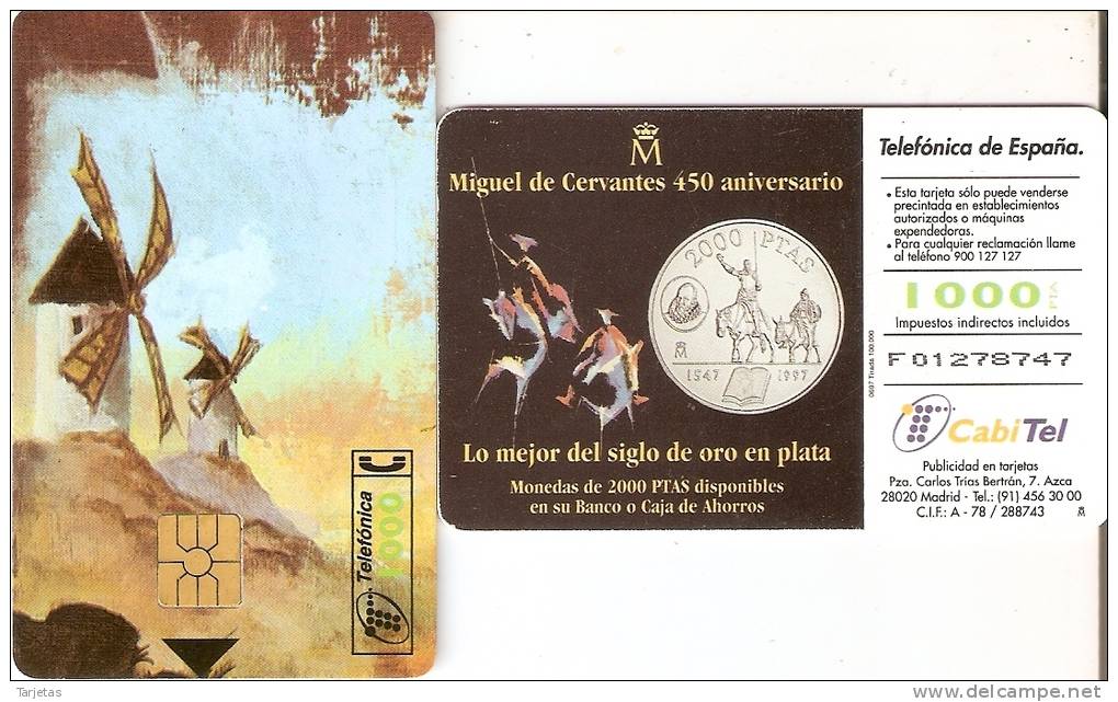 TARJETA DE ESPAÑA DE UNA MONEDA (COIN) 1000 PTAS MOLINOS  ( PUZZLE QUIJOTE) - Timbres & Monnaies