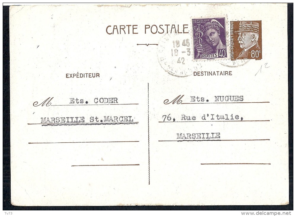 EB164 - ENTIER POSTAL PETAIN 80c  + Affranchissement Complémentaire Mercure - Marseille 1942 - Guerre De 1939-45