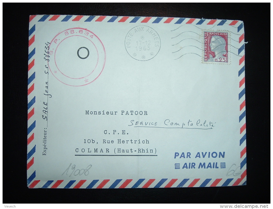 LETTRE PAR AVION TP MARIANNE DE DECARIS 0,25F OBL.MEC. 17-12-1963 POSTE AUX ARMEES + SP 88 634 - Cachets Militaires A Partir De 1900 (hors Guerres)