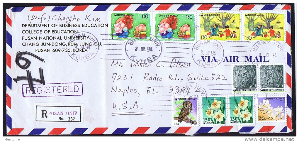 1994  Registered Air Letter To USA  10 Stamps - Corée Du Sud