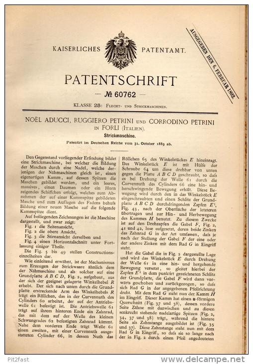 Original Patentschrift - N. Aducci E R. Petrini In Forli , 1889 , Macchina Per Maglieria !!! - Macchine