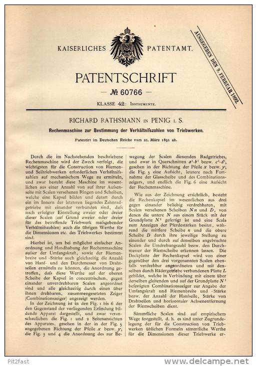 Original Patentschrift - Richard Rathsmann In Penig I.S., 1891 , Rechenmaschine Für Triebwerk , Schule , Instrument !!! - Machines