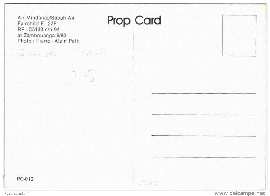 Thème -  Avion - Prop Card 012 - Air Mindanao Sabah Air - Fairchild F - 27F - Zambouanga 8/80 - 1946-....: Moderne