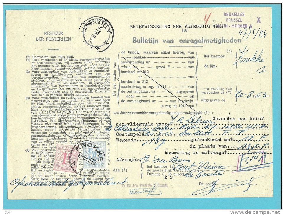 854+859 Op BULLETIJN VAN ONREGELMATIGHEDEN / "Luchtpostbriefwisseling Van" Stempel KNOKKE (zeldzaam Dokument) !! - 1951-1975 Heraldic Lion