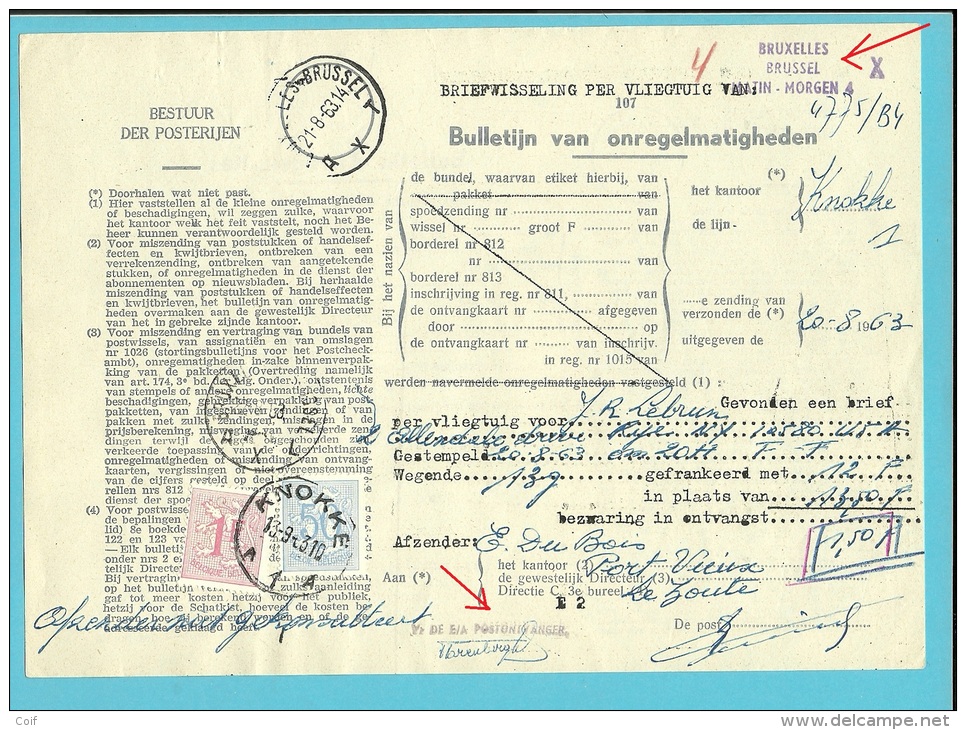 854+859 Op BULLETIJN VAN ONREGELMATIGHEDEN / "Luchtpostbriefwisseling Van" Stempel KNOKKE (zeldzaam Dokument) !! - 1951-1975 Heraldic Lion