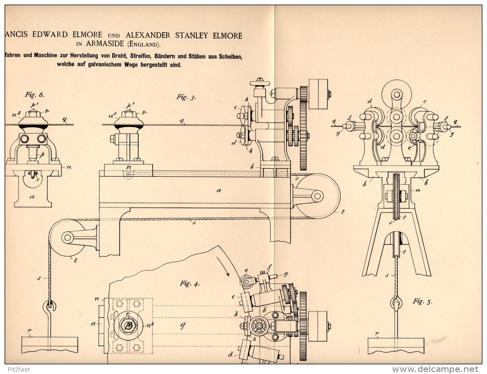 Original Patentschrift - E. Elmore In Armaside , Cumbria , 1888 , Machine For Wire Production !!! - Tools