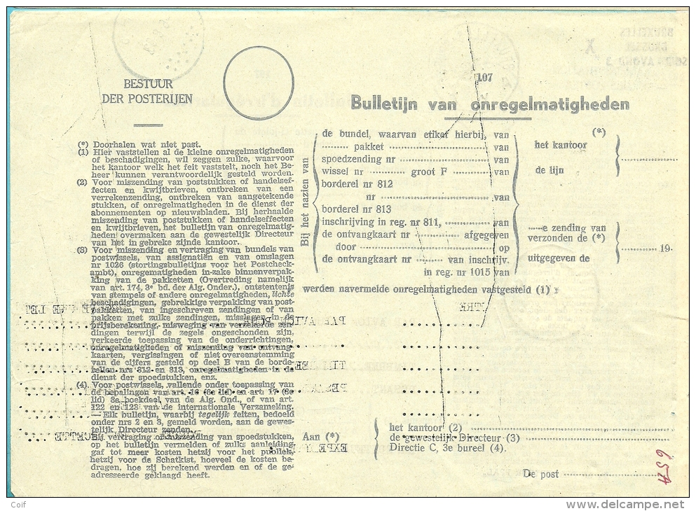 854 Op BULLETIJN VAN ONREGELMATIGHEDEN / "Luchtpostbriefwisseling Van" Stempel ANTOING (zeldzaam Dokument) !! - 1951-1975 Heraldieke Leeuw