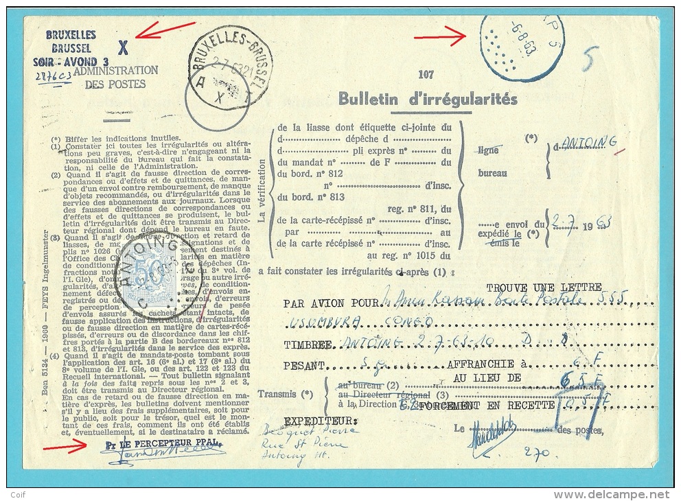 854 Op BULLETIJN VAN ONREGELMATIGHEDEN / "Luchtpostbriefwisseling Van" Stempel ANTOING (zeldzaam Dokument) !! - 1951-1975 Heraldieke Leeuw