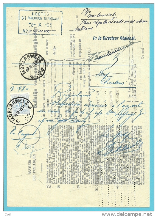 854 Op BULLETIJN VAN ONREGELMATIGHEDEN / "Luchtpostbriefwisseling Van" Stempel MORLANWELZ (zeldzaam Dokument) !! - 1951-1975 León Heráldico