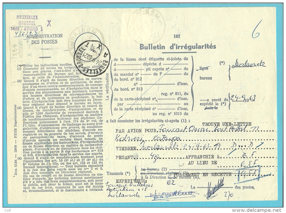 854 Op BULLETIJN VAN ONREGELMATIGHEDEN / "Luchtpostbriefwisseling Van" Stempel MORLANWELZ (zeldzaam Dokument) !! - 1951-1975 Heraldieke Leeuw
