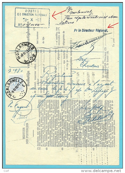 854 Op BULLETIJN VAN ONREGELMATIGHEDEN / "Luchtpostbriefwisseling Van" Stempel MORLANWELZ (zeldzaam Dokument) !! - 1951-1975 Heraldieke Leeuw